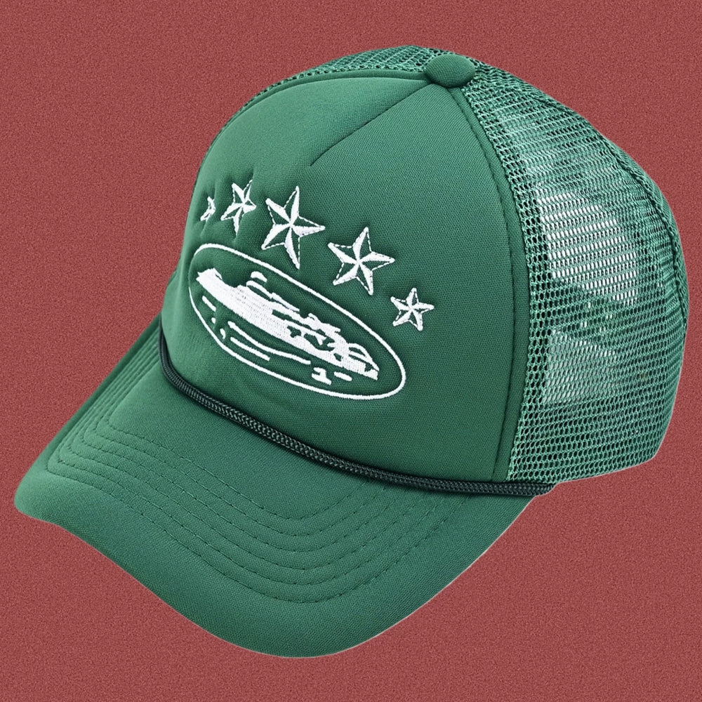 Corteiz Vintage Green Trucker Hat with White Stars and Cruise Ship Graphic
