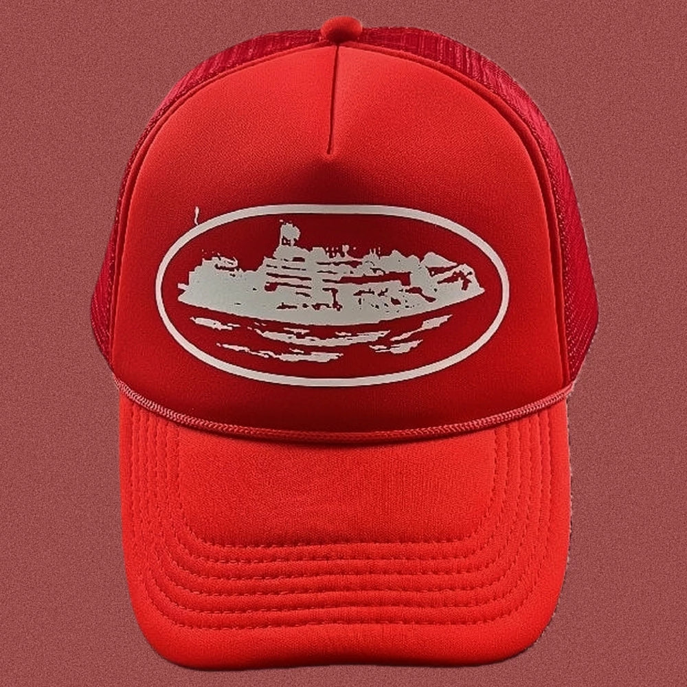 Cortiez Bold White Oval Ship Logo Trucker Hat - Red
