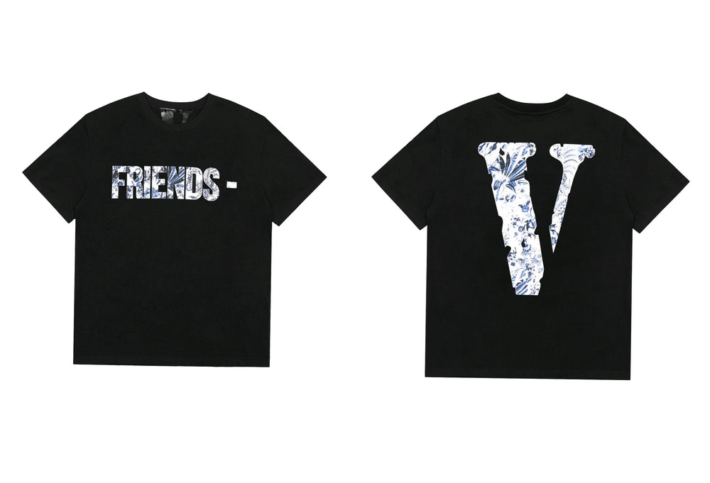 Vlone Abstract Floral "FRIENDS-" Graphic T-Shirt - Black