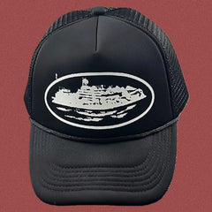 Cortiez Bold White Oval Ship Logo Trucker Hat - Black
