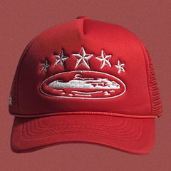 Corteiz Vintage Red Trucker Hat with White Stars and Cruise Ship Graphic