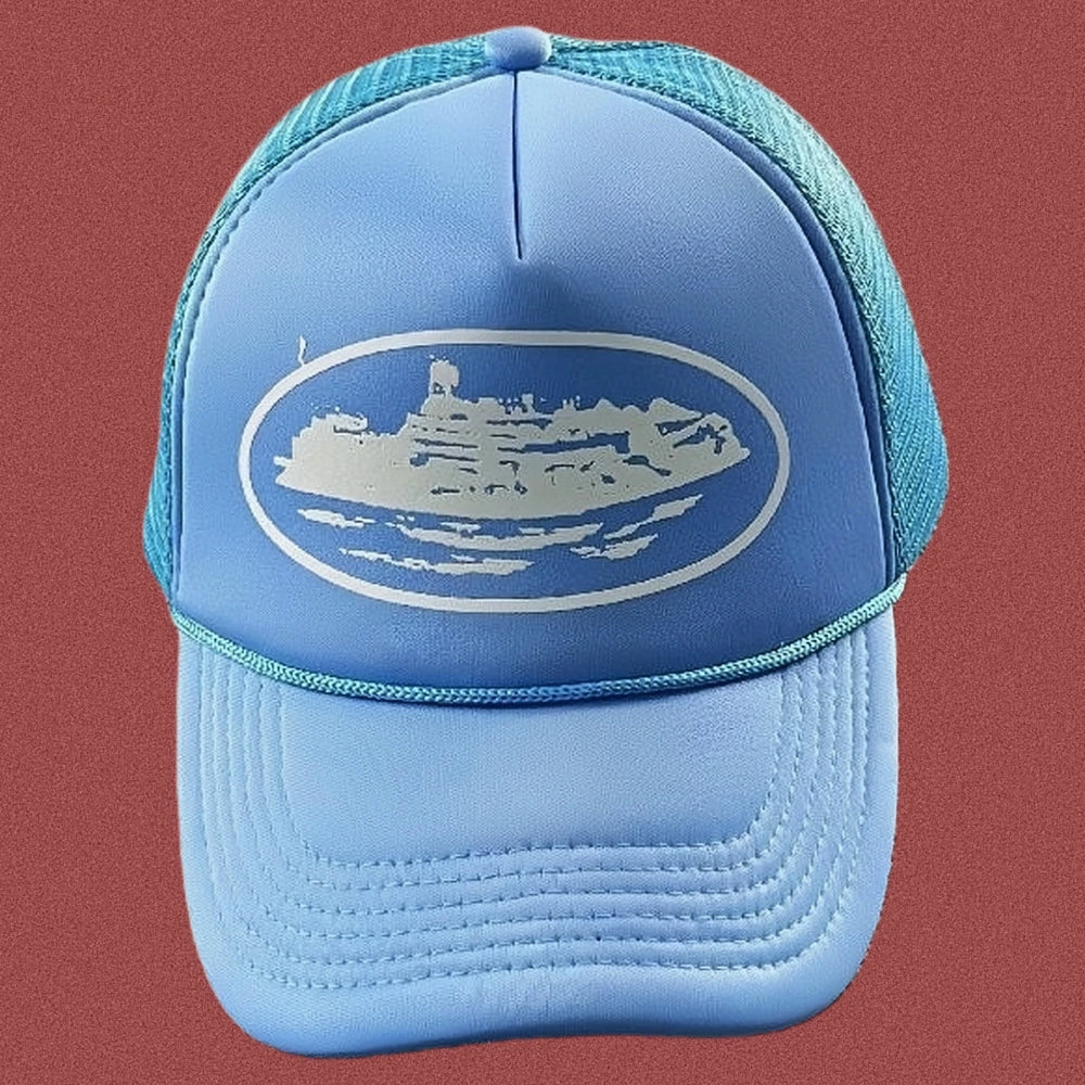 Cortiez Bold White Oval Ship Logo Trucker Hat - Light Blue