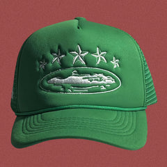 Corteiz Vintage Green Trucker Hat with White Stars and Cruise Ship Graphic