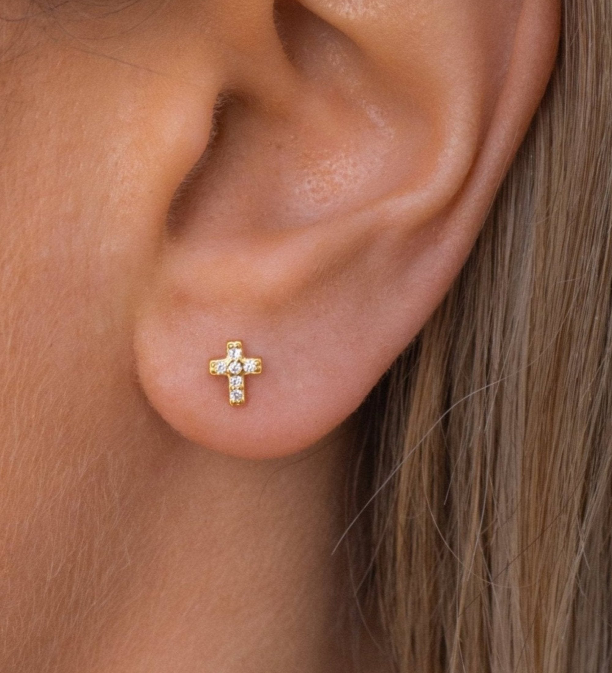 Mini Pave Cross Studs | Gold