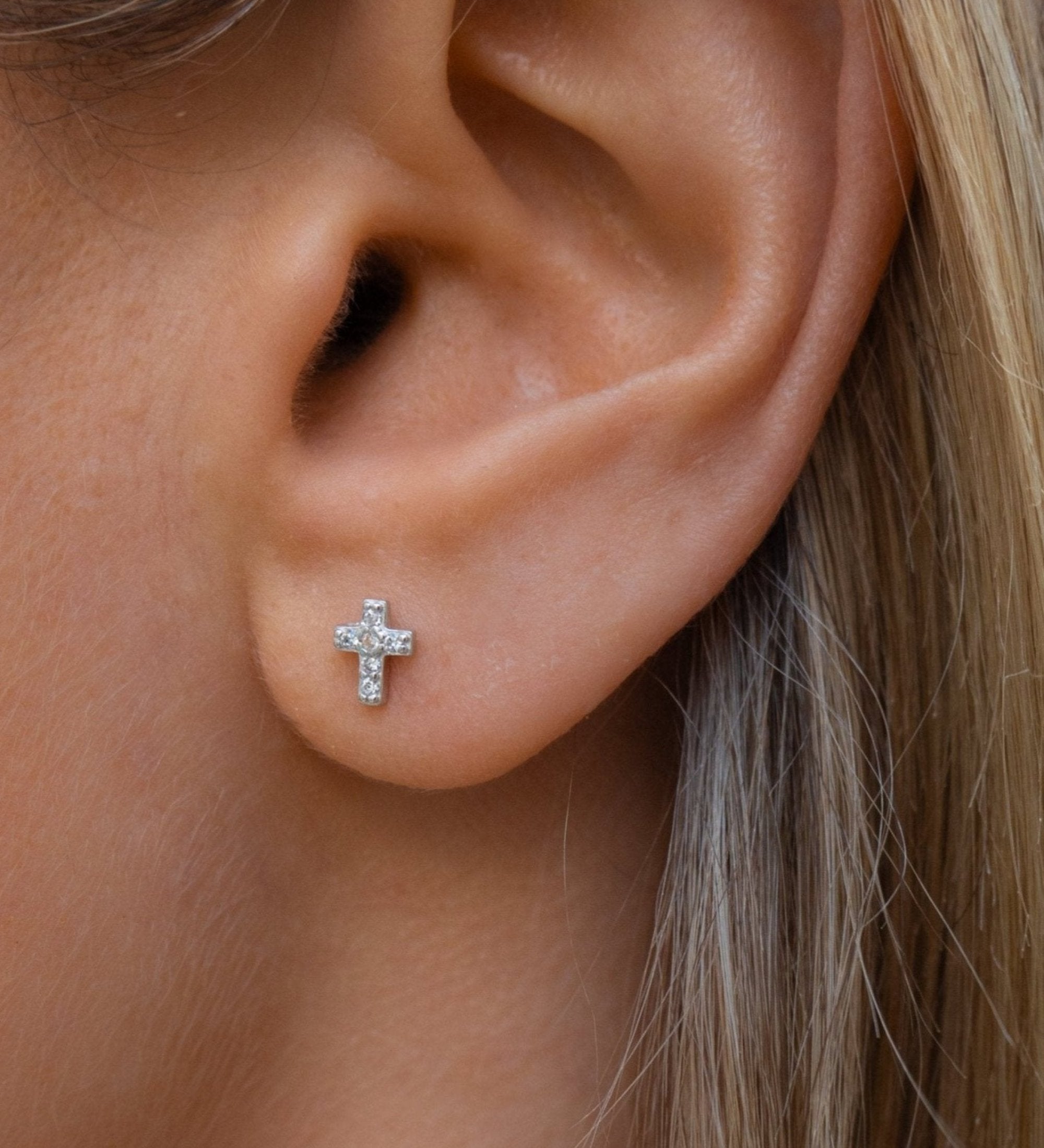 Mini Pave Cross Studs | Silver