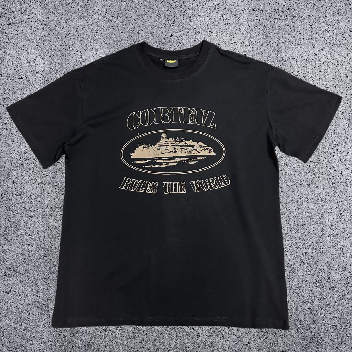 Corteiz "Rules The World" Alcatraz Graphic Tee (Black & Beige Edition)