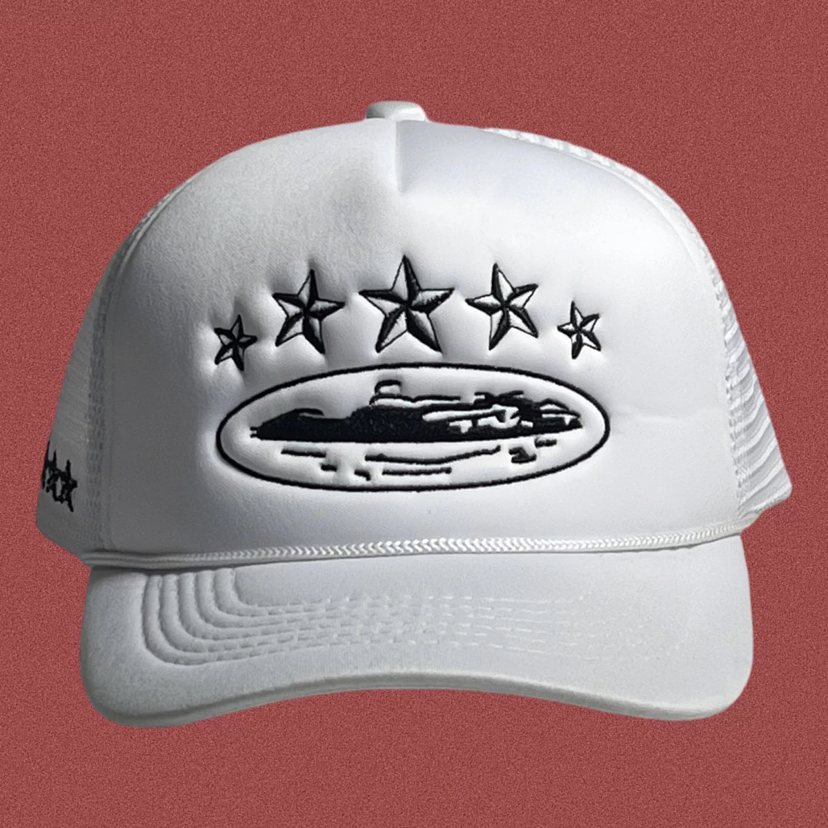 Corteiz Vintage White Trucker Hat with Black Stars and Cruise Ship Graphic