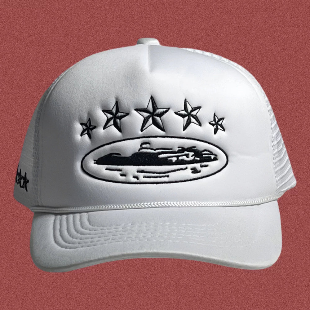 Corteiz Vintage White Trucker Hat with Black Stars and Cruise Ship Graphic