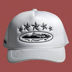Corteiz Vintage White Trucker Hat with Black Stars and Cruise Ship Graphic