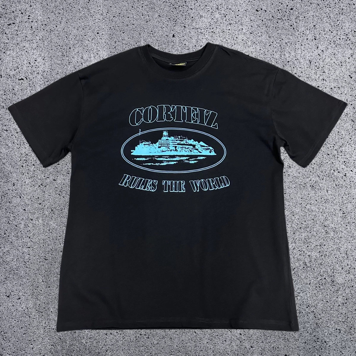 Corteiz "Rules The World" Alcatraz Graphic Tee (Black & Light Blue Edition)