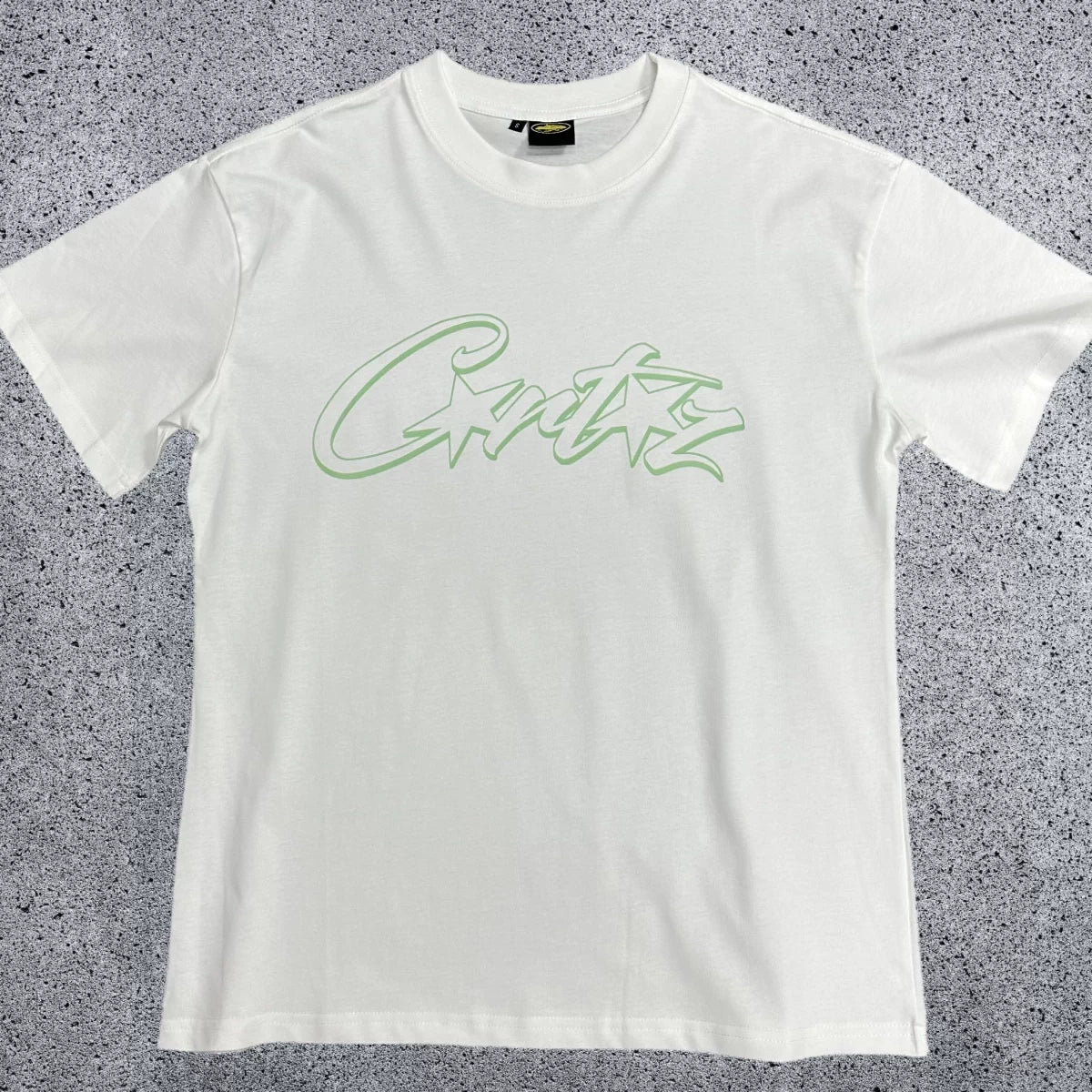 Mint Green Accent Star-Logo Graphic Tee - White & Green Streetwear T-Shirt
