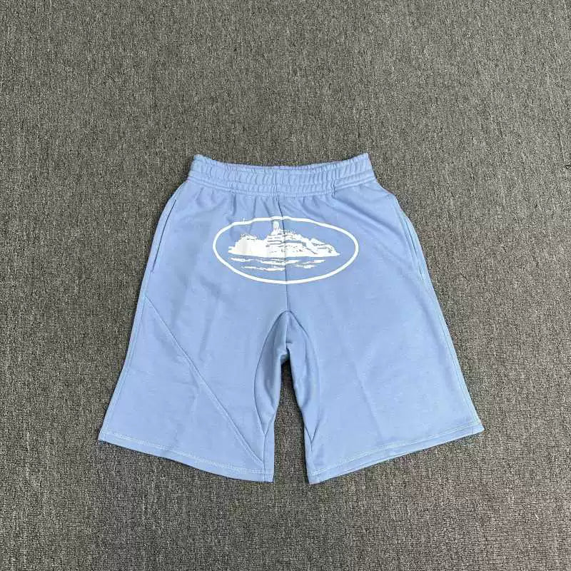 Corteiz Alcatraz Island Graphic Heavyweight Shorts Light Blue
