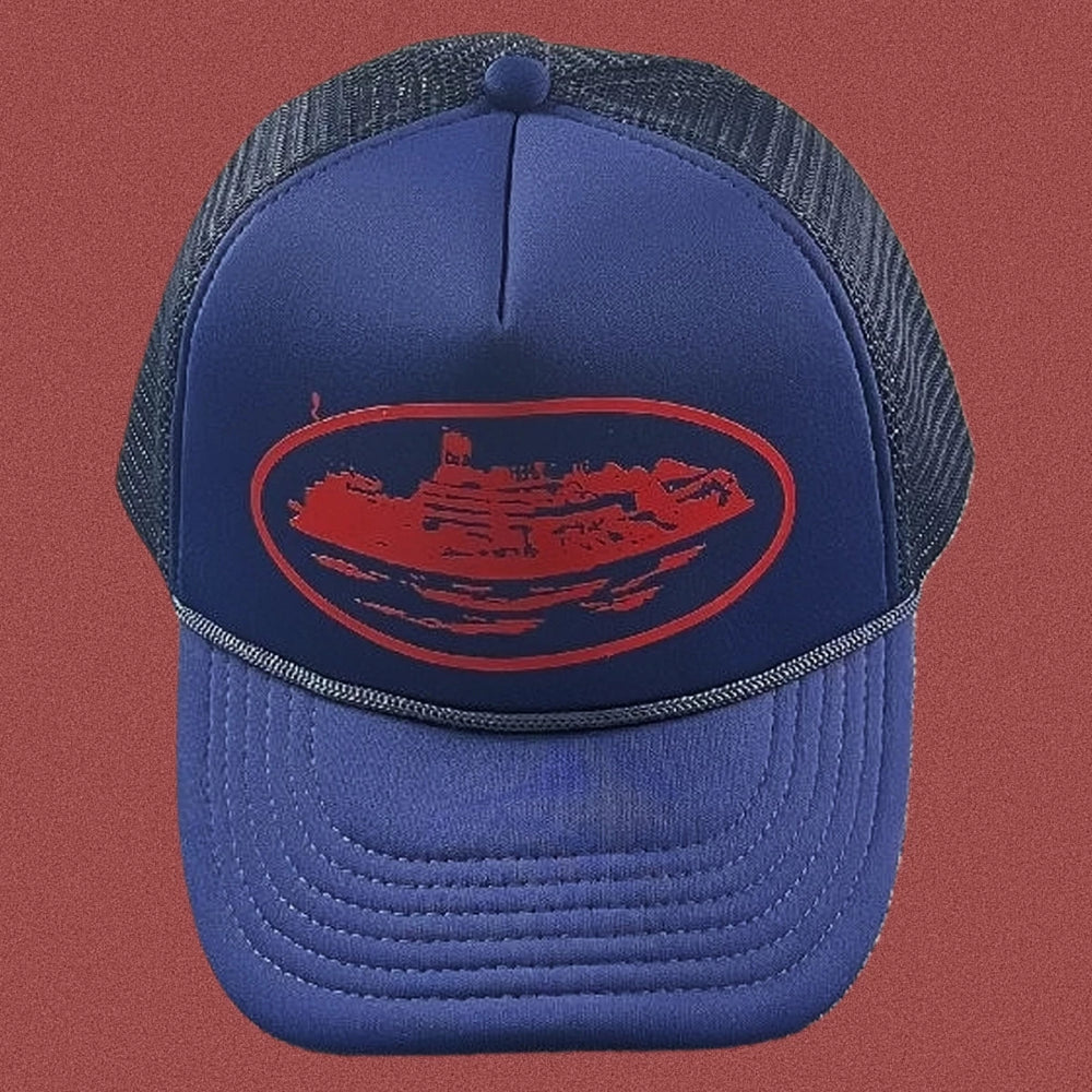 Vintage Blue Trucker Hat with Red Cruise Ship Graphic