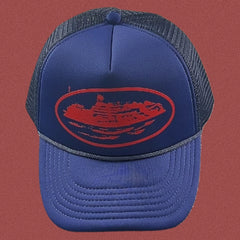 Vintage Blue Trucker Hat with Red Cruise Ship Graphic
