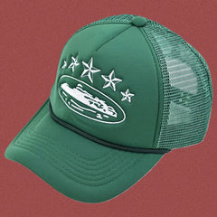 Corteiz Vintage Green Trucker Hat with White Stars and Cruise Ship Graphic