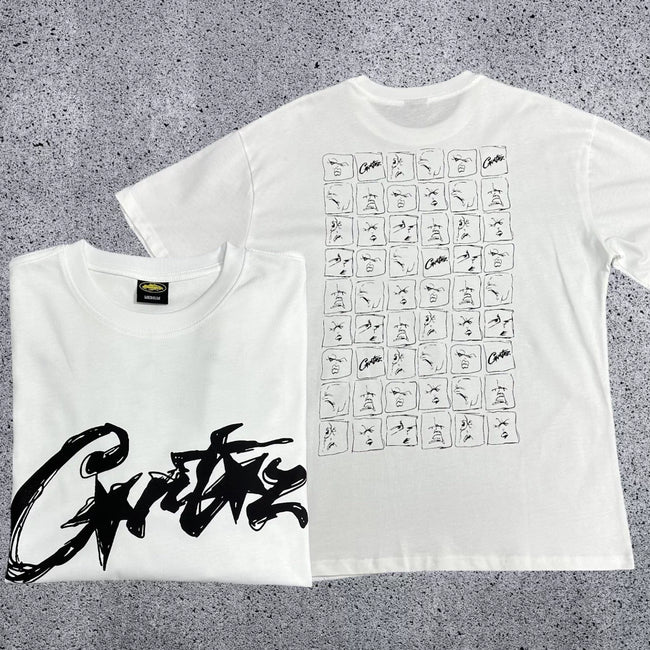 Corteiz All-Over Sketch Grid T-Shirt – White/Black Hover Image