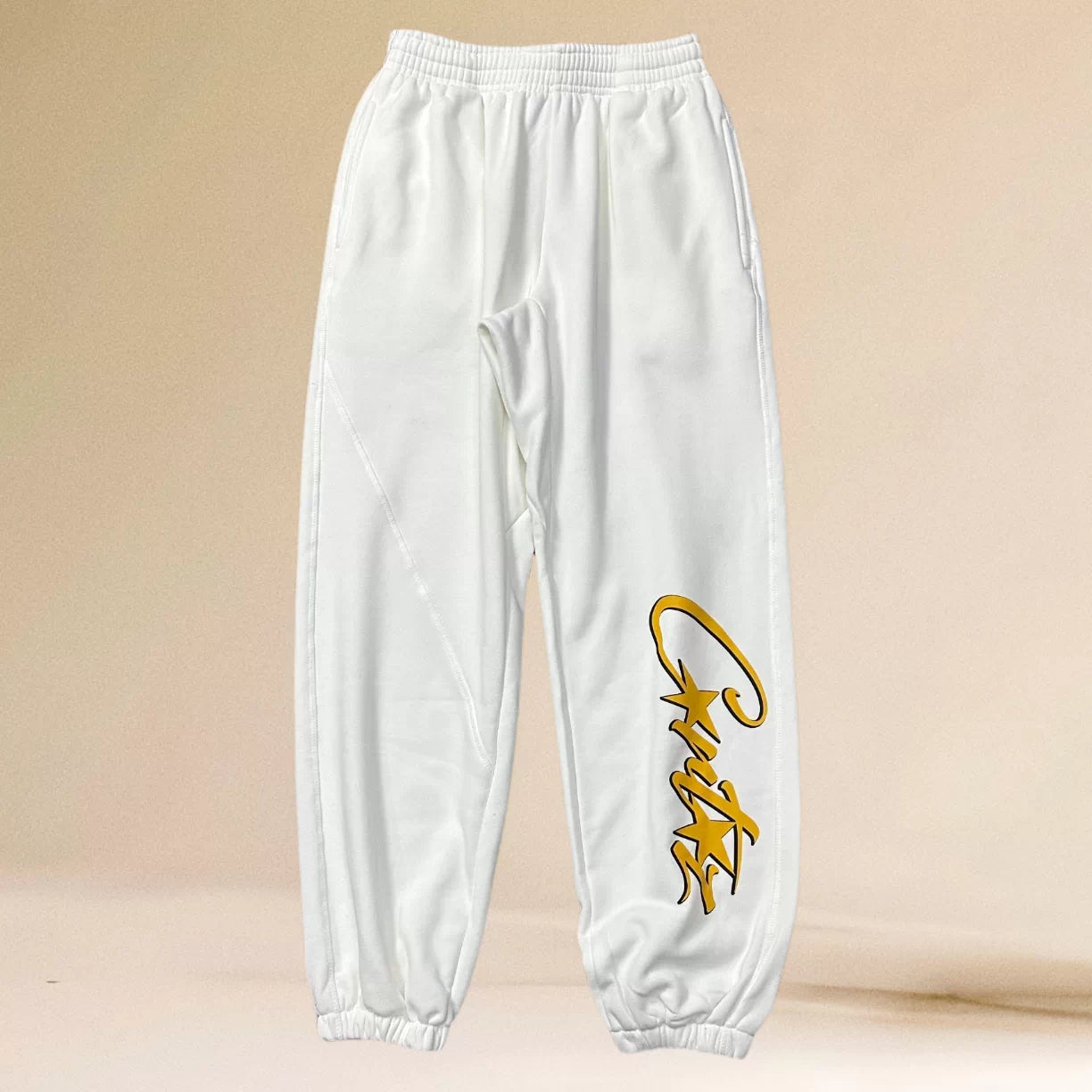 Corteiz Yellow Script Logo Heavyweight Sweatpants white