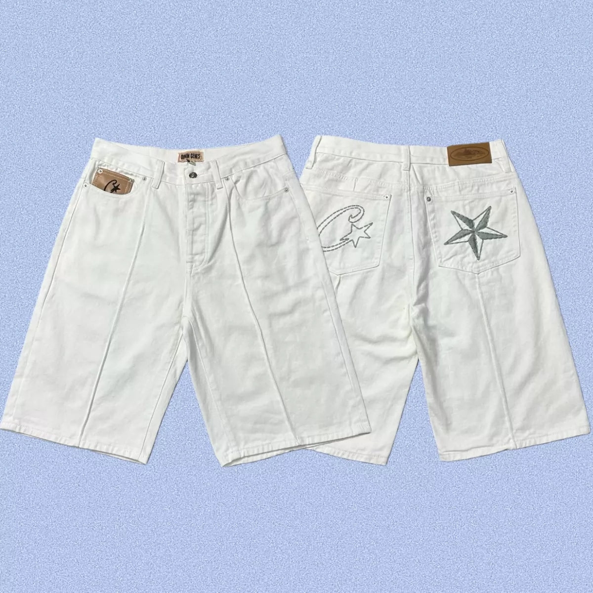 Corteiz Back Star Embroidery Heavyweight Denim Shorts - White