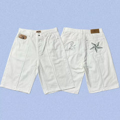 Corteiz Back Star Embroidery Heavyweight Denim Shorts - White
