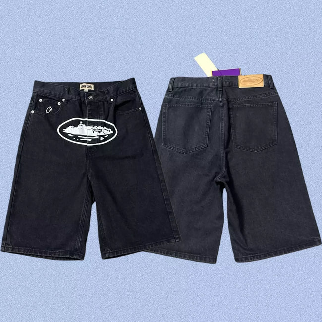 Corteiz Alcatraz Island Front Logo Heavyweight Denim Shorts - Black Hover Image