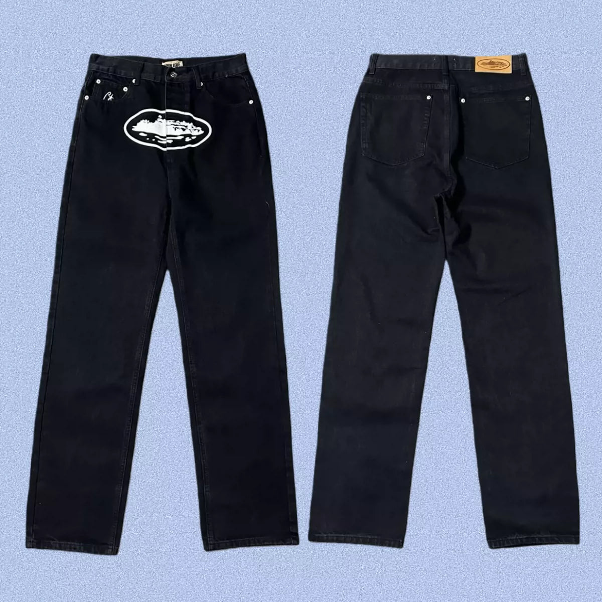 Corteiz Alcatraz Island Front Logo Heavyweight Denim Pants - Black