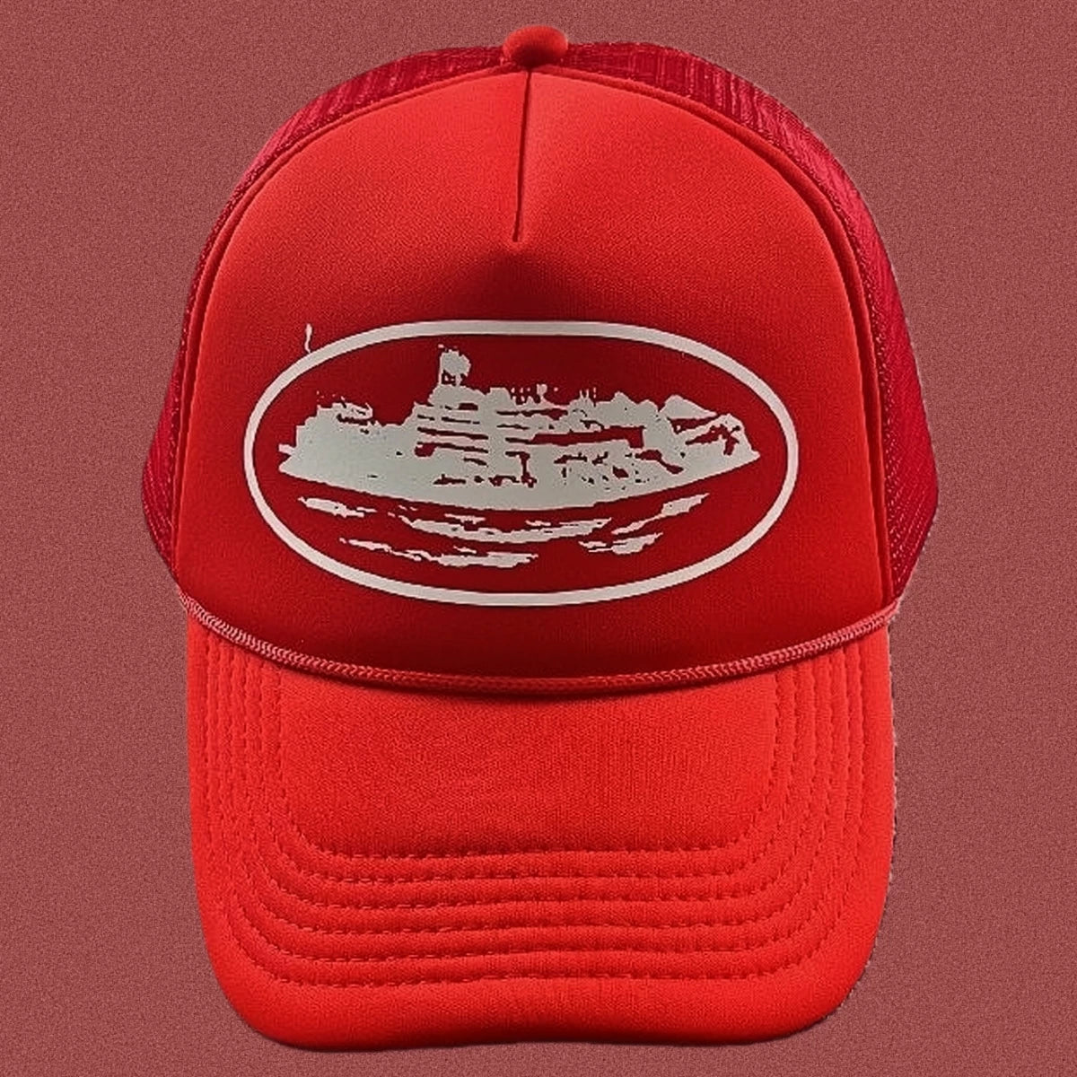Cortiez Bold White Oval Ship Logo Trucker Hat - Red