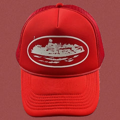 Cortiez Bold White Oval Ship Logo Trucker Hat - Red