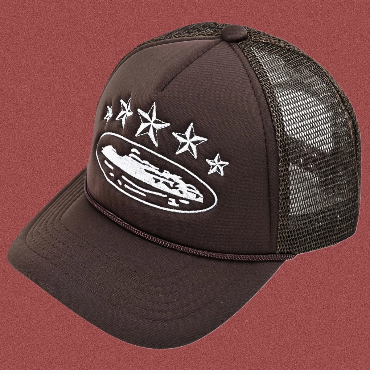 Corteiz Vintage Brown Trucker Hat with White Stars and Cruise Ship Graphic