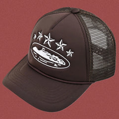 Corteiz Vintage Brown Trucker Hat with White Stars and Cruise Ship Graphic