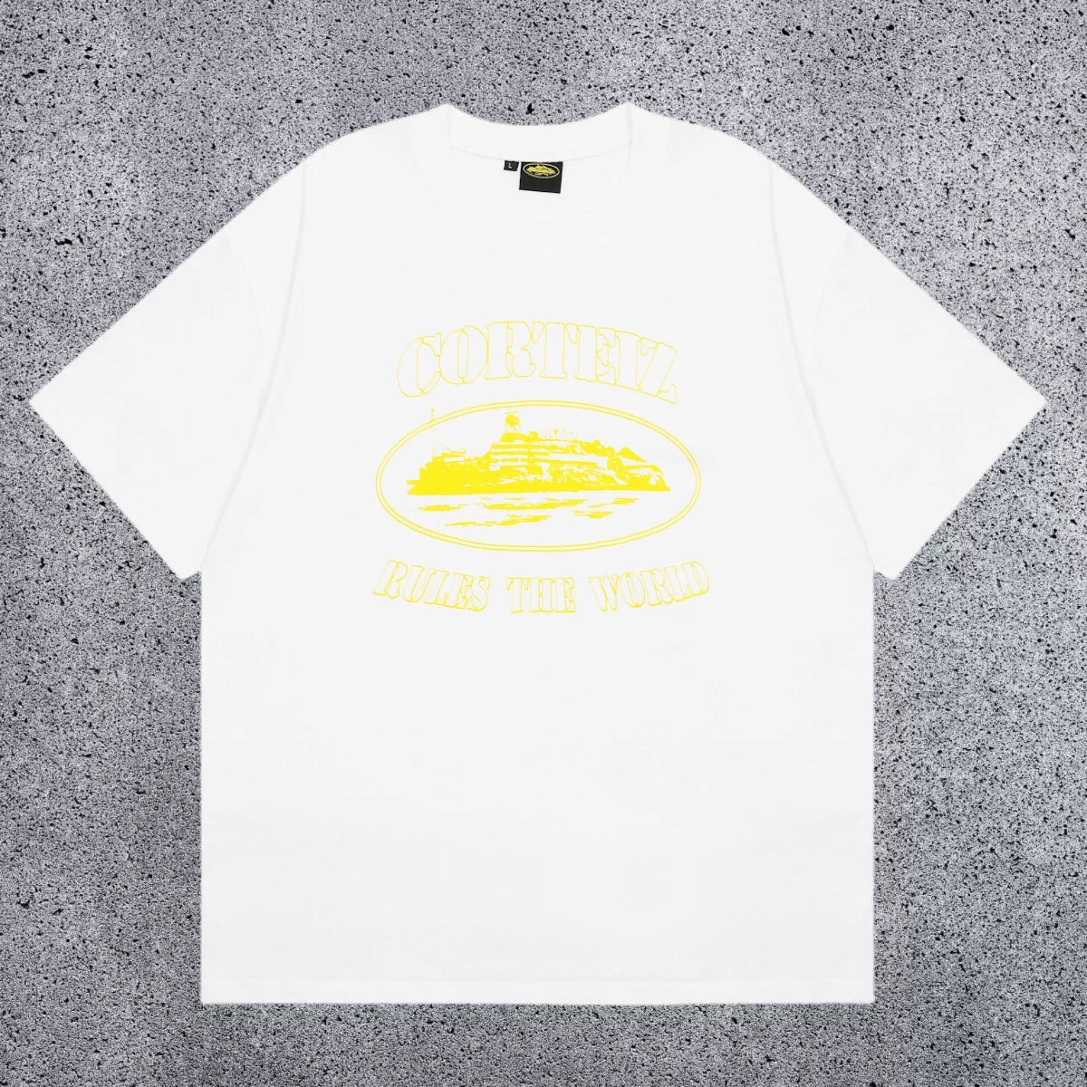Corteiz "Rules The World" Yellow Print White T-Shirt