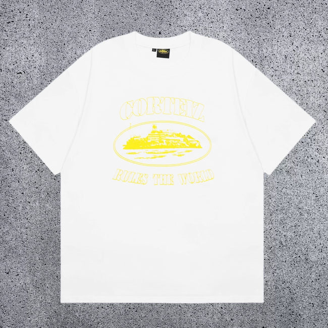 Corteiz "Rules The World" Yellow Print White T-Shirt Hover Image