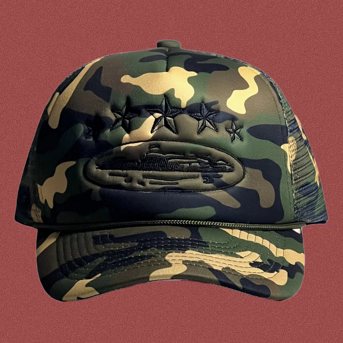 Corteiz Vintage Camo Trucker Hat with Tonal Stars and Cruise Ship Graphic