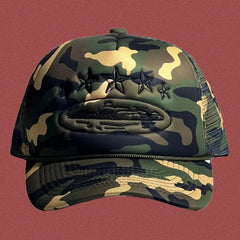 Corteiz Vintage Camo Trucker Hat with Tonal Stars and Cruise Ship Graphic