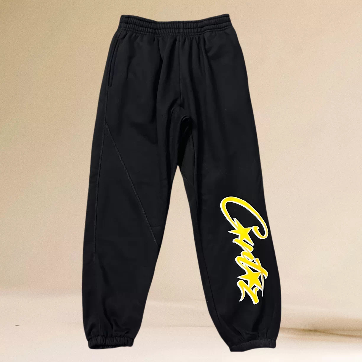 Corteiz Yellow Script Logo Heavyweight Sweatpants black