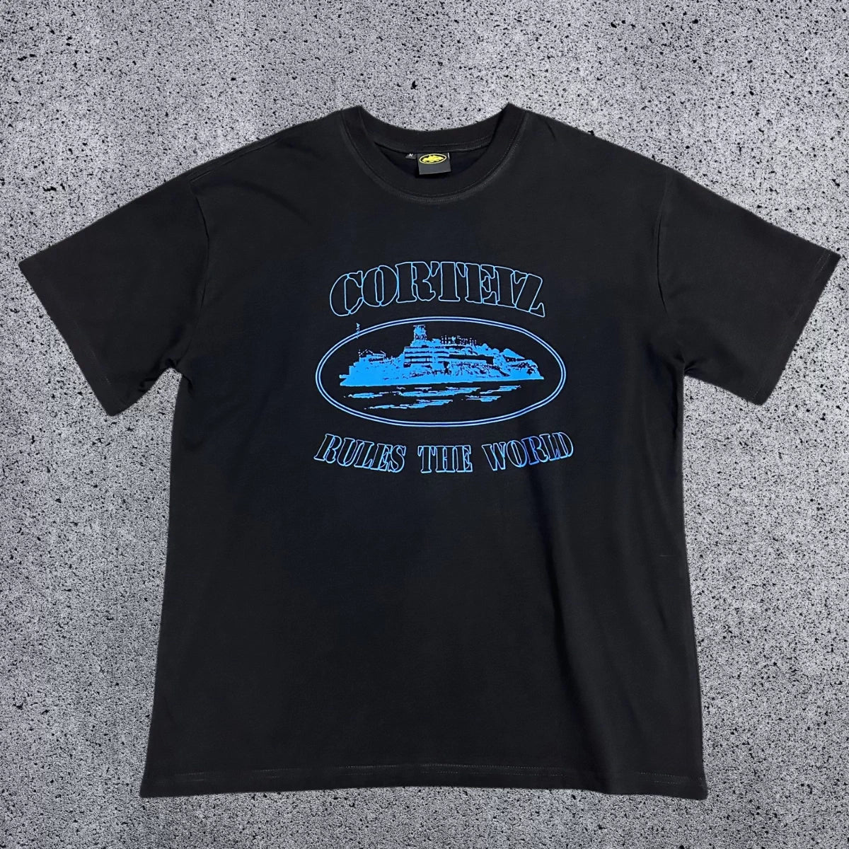 Corteiz "Rules The World" Alcatraz Graphic Tee (Black & Royal Blue Edition)