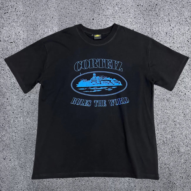 Corteiz "Rules The World" Alcatraz Graphic Tee (Black & Royal Blue Edition) Hover Image