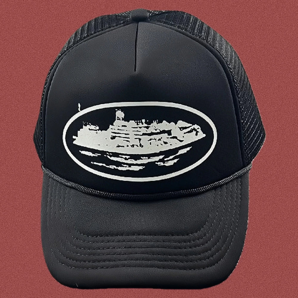 Cortiez Bold White Oval Ship Logo Trucker Hat - Black