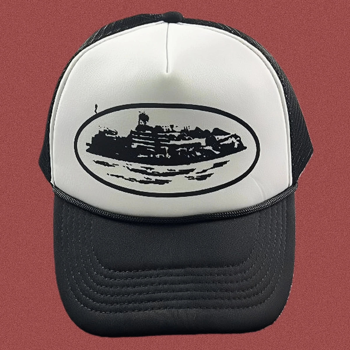 Cortiez Bold Black Oval Ship Logo Trucker Hat - White