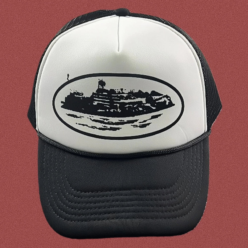 Cortiez Bold Black Oval Ship Logo Trucker Hat - White