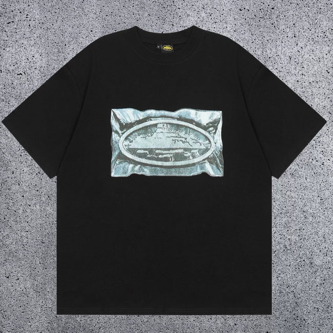 Corteiz Metallic Foil Oval Logo T-Shirt - Black Streetwear Tee Hover Image