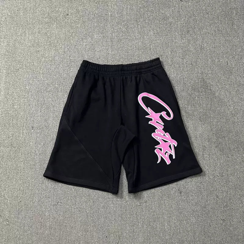 Corteiz Signature Script Logo Heavyweight Shorts - Pink Print black