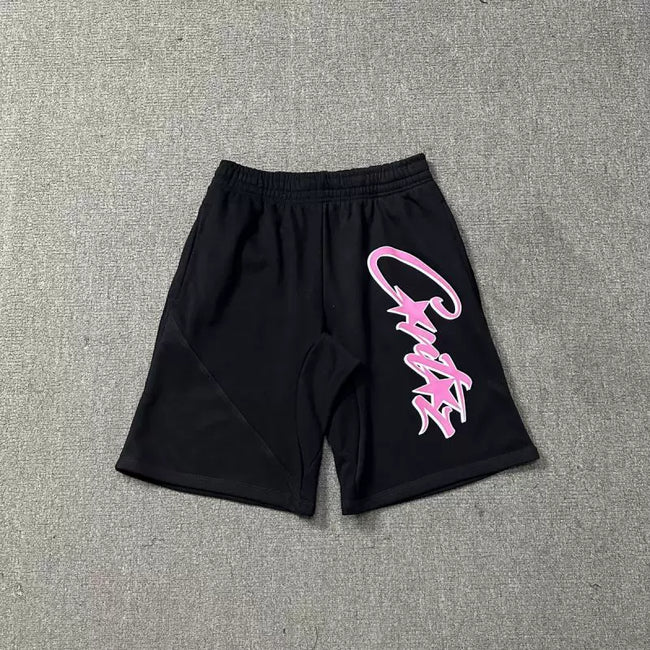 Corteiz Signature Script Logo Heavyweight Shorts - Pink Print black Hover Image