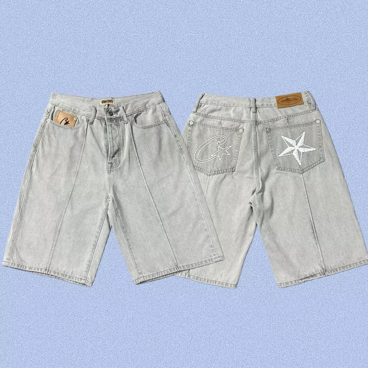 Corteiz Back Star Embroidery Heavyweight Denim Shorts Grey