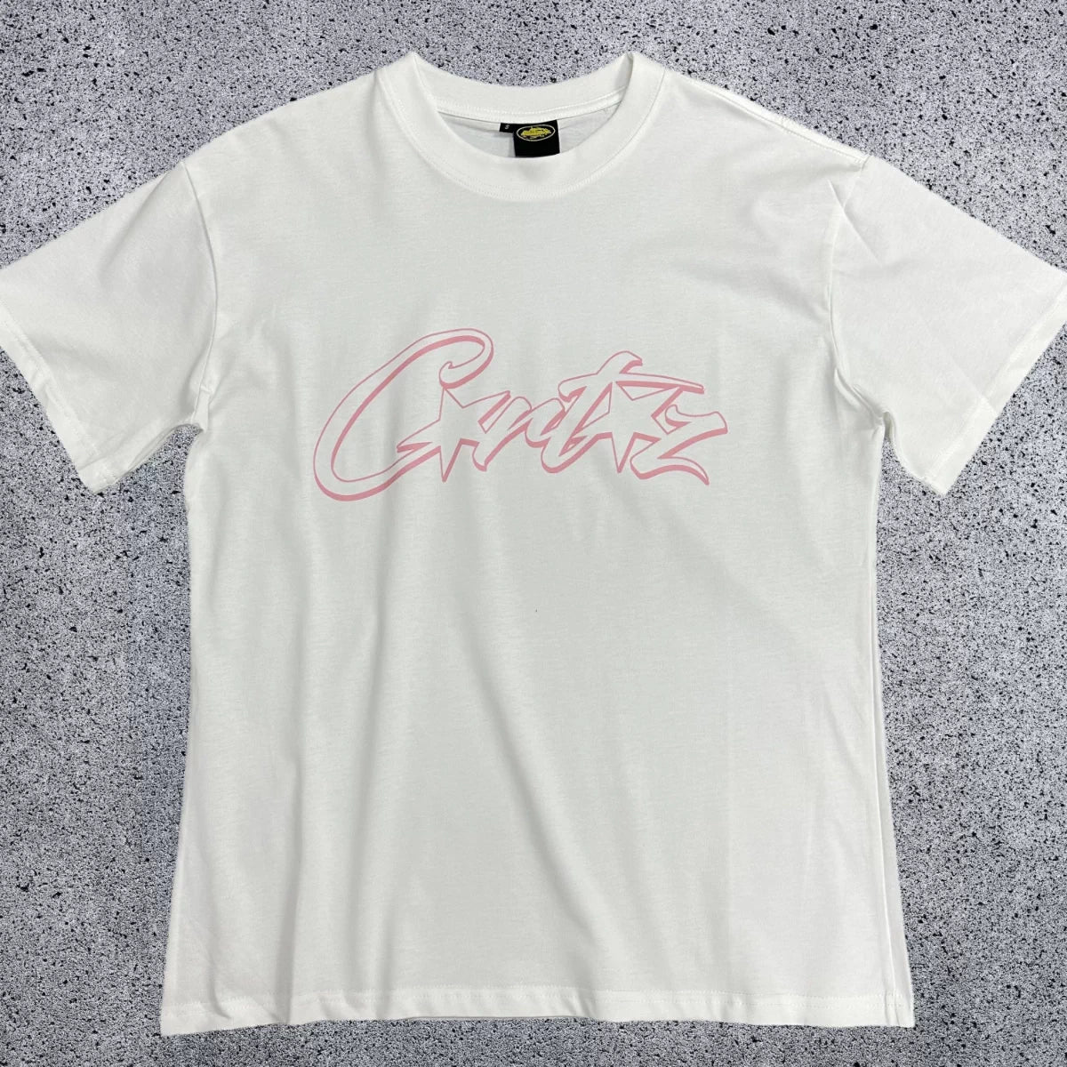 Pink Accent Star-Logo Graphic Tee - White & Pink Streetwear T-Shirt