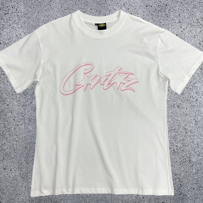 Pink Accent Star-Logo Graphic Tee - White & Pink Streetwear T-Shirt Hover Image