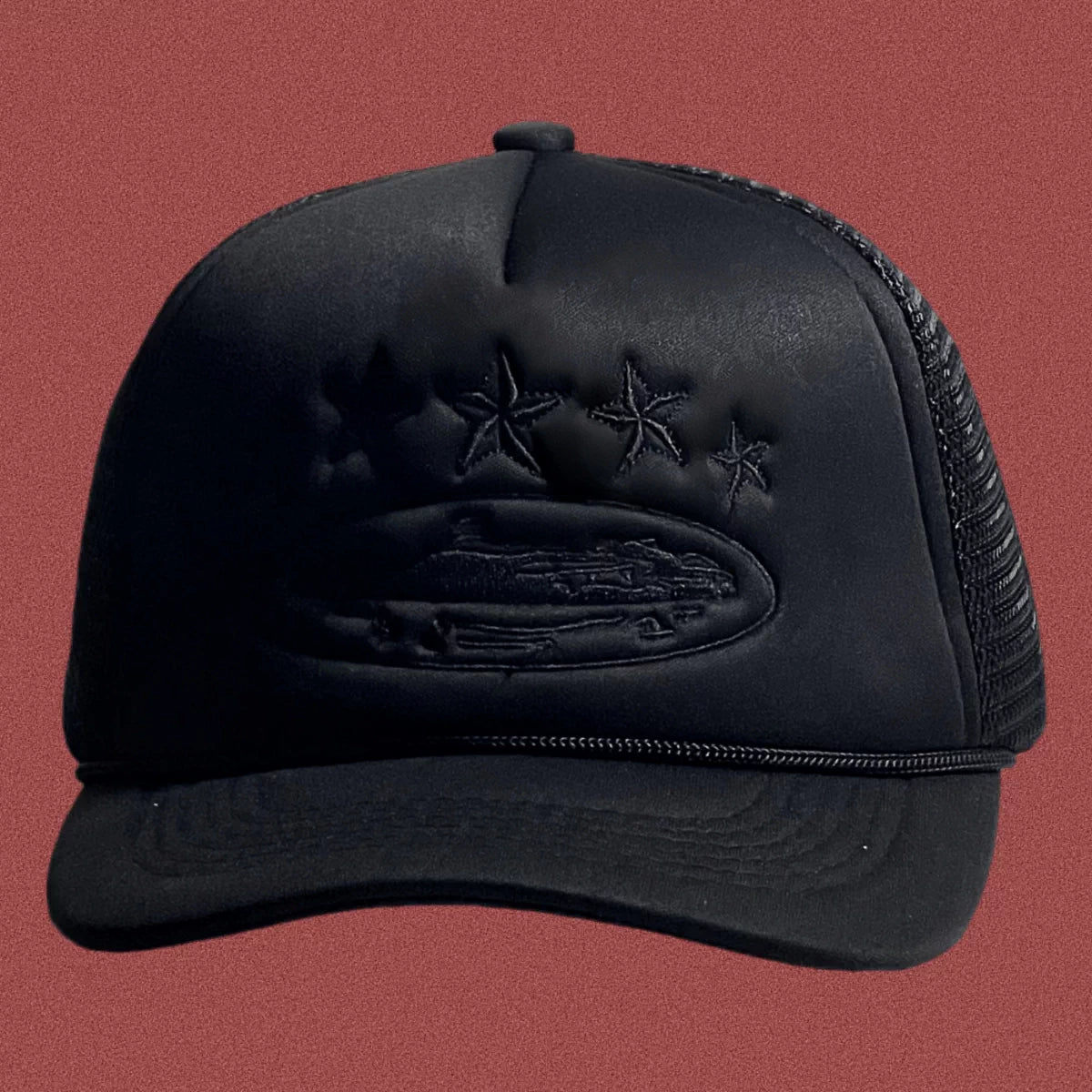 All-Black Vintage Trucker Hat with Tonal Stars and Cruise Ship Graphic