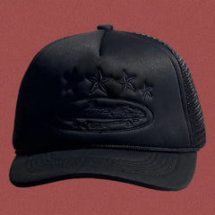 All-Black Vintage Trucker Hat with Tonal Stars and Cruise Ship Graphic