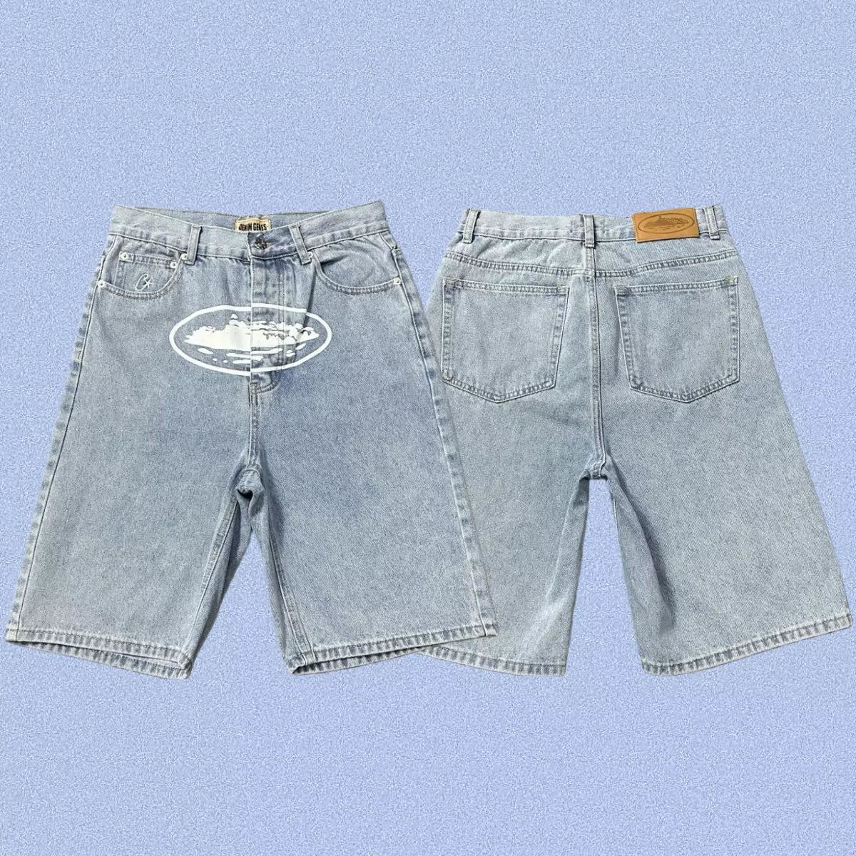 Corteiz Alcatraz Island Front Logo Heavyweight Denim Shorts - Light Blue