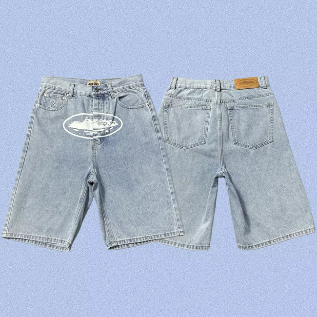Corteiz Alcatraz Island Front Logo Heavyweight Denim Shorts - Light Blue Hover Image