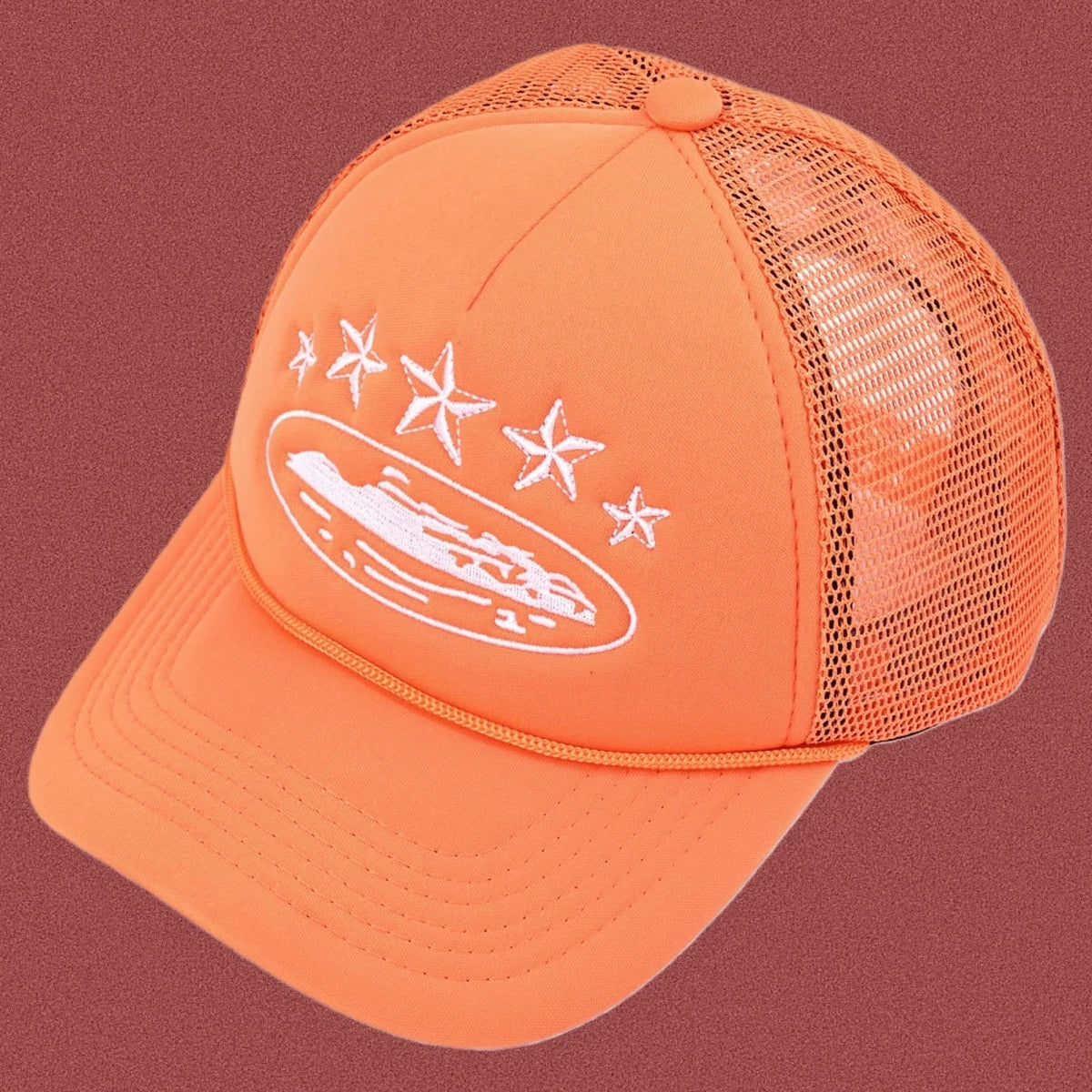 Corteiz Vintage Orange Trucker Hat with White Stars and Cruise Ship Graphic